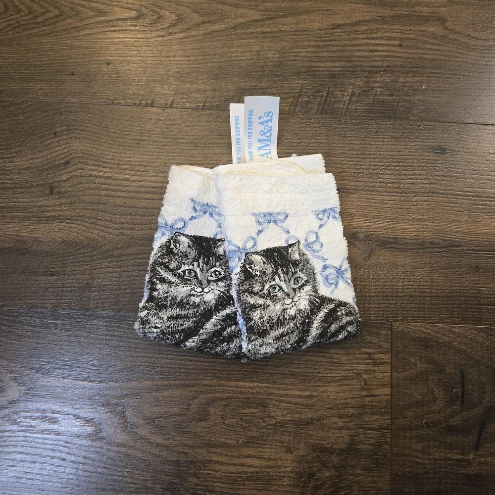 Vintage Cannon Cat Washcloths Set 2 White Blue‎ Bows 80s NOS Made in USA